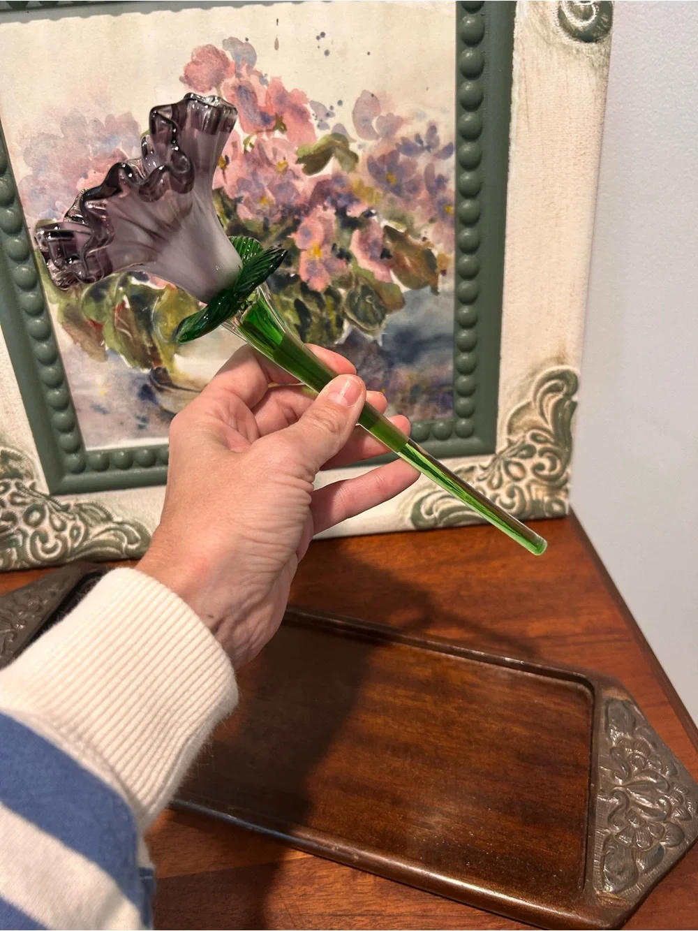 Handblown Glass Purple Flower Stem Decorative Accent